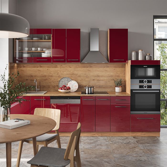 Meuble De Cuisine Haut Vitré Fame-line, Rouge Bordeaux Haute Brillance