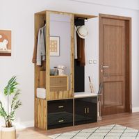 Meuble D'Entrée Avec Banc, Miroir Et Étagères 110x185.5x37cm - Armoire De Couloir, Rangement Chaussures Et Vêtements