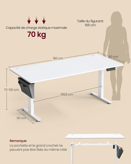 Bureau Électrique Réglable en Hauteur, 60 x 120 x (72-120) cm, Réglable en Continu, Fonction