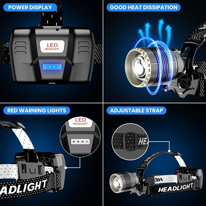 Lampe Frontale LED Puissante Rechargeable Torche Frontale Lampe Phare Orientable 3 Modes LED Frontale avec Câble USB et 2 Piles 18650 pour Pêche Vélo Randonnée Course Camping