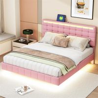 Lit capitonné 160x200cm avec LED pour adulte - cadre de lit flottant avec sommier à lattes et tête de lit avec 2 porte USB - rose