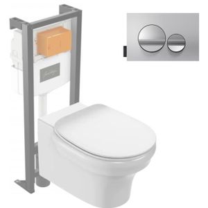 WC - TOILETTES Pack WC suspendu sans bride JACOB DELAFON Cléo 1889 +  abattant + bâti-support + plaque ronde chromé
