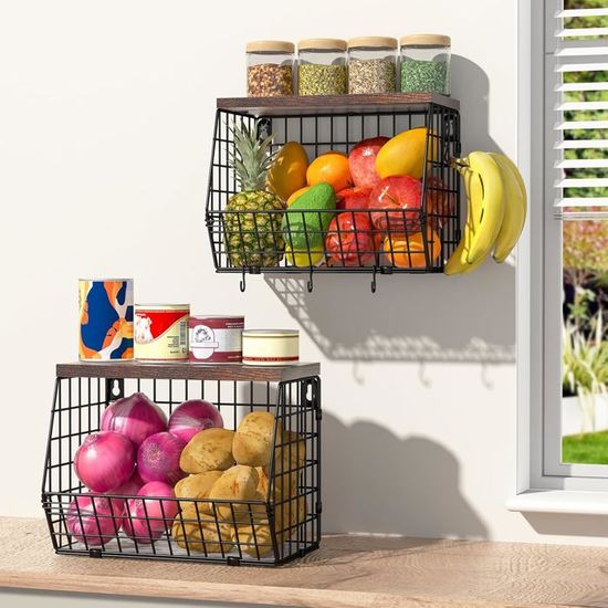 2 Paniers à Fruits Muraux Empilables - Métal Avec Planche En Bois, Crochets à Bananes Inclus