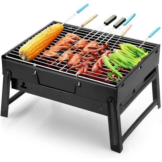 Barbecue Portable à Charbon De Table - Double Surface, Couvercle, Poignée Bois, Idéal Camping Et Balcon