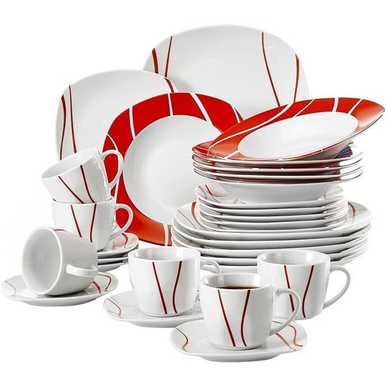 , Série Felisa, 30pcs Service de Table Complets Porcelaine, 6 Tasses, 6 sous-Tasses, 6 Assiettes à Dessert, 6 Assiettes à Soupe Creu