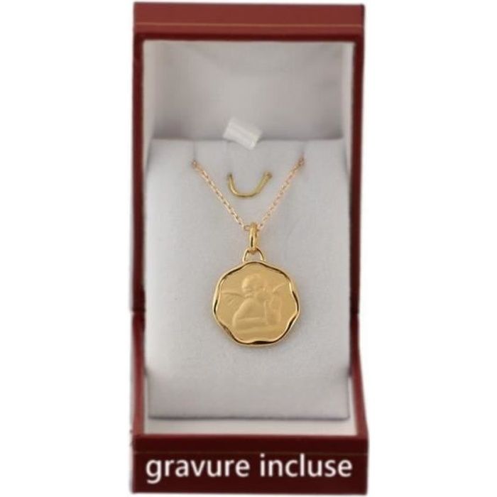 Médaille ronde de naissance bapteme communion avec gravure. Ensemble plaqué Or avec chaine 45cm et coffret pour bébé enfant et femme