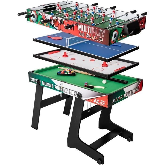 Multi Jeux 4 en 1, Baby-Foot Barres Téléscopiques de Sécurité, Table Pliable, Multifonction Sport Billard/Tennis de Table/ Hockey