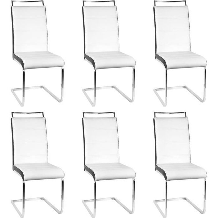 Lot de 6 Chaises de Salle à Manger avec Assise Rembourrée Large Poignée Revêtement en Cuir PU - Blanc/Noir
