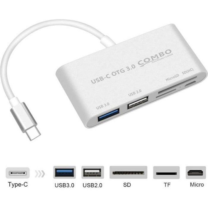 Adaptateur 5 en 1 Type C pour MICROSOFT Surface Go Smartphone Lecteur de cartes SD TF USB 2.0 3.0 Micro USB (GRIS)