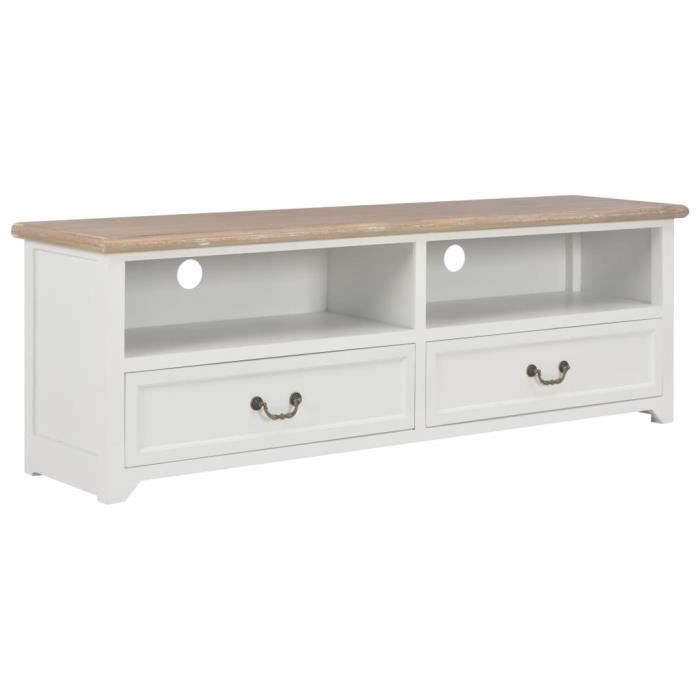 Dex- Meuble TV Blanc 120 x 40 x 30 cm Bois blanc et couleur naturelle de bois