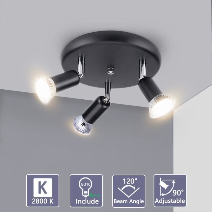 Bojim Luminaire Plafonnier Led, 3 Spots Noirs Orientables 350°, 3 x 6W Ampoules GU10, Blanc Chaud 2800K 230V 600 LM, IP20 Ra82