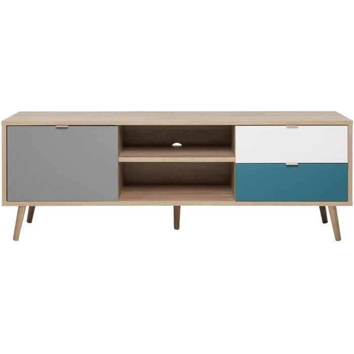 CUBA Meuble TV - Scandinave décor chêne, gris, blanc et bleu pétrole - L 150 cm