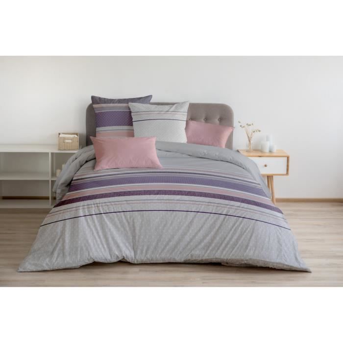 Housse de Couette 3 Pièces - 100% Coton 57 Fils - 2 Personnes 240x260 cm - BAYADERE Violet