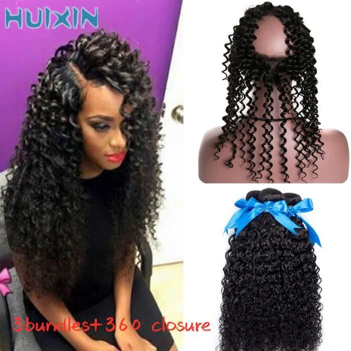(16 16 16+10-closure)3 Bundles avec 360 Lace Frontal Closure Cheveux vierges péruviens Curly Weave Wave