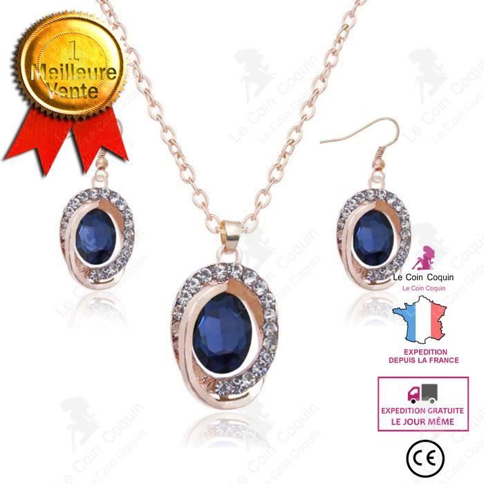 LCC® Parure Luxe Coffret magnifique Cadeau pour Femme Bijoux Collier Boucles d’Oreilles - Plaqué 18K Or - AAA Zircon Bleu Foncé Nuit
