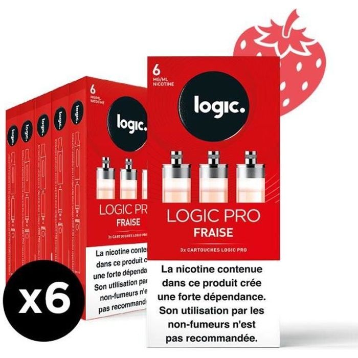 Logic PRO - Goût Fraise - 6 mg - 6 packs de 3 cartouches d’e-liquide.