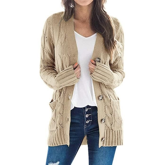 Femme Cardigan Ouver boutonné Gilets Manches Longues Cardigan Les Poches Veste Long Tricoté Pull Manteau Kaki