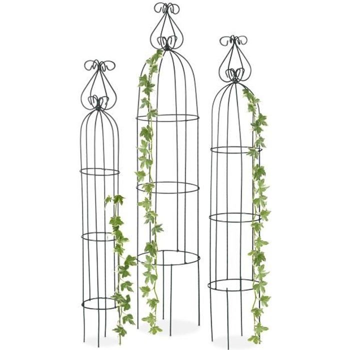 Relaxdays Obélisque de jardin, Colonne rosier, Arche plante grimpante, set de 3 métal Cage rose, Arceau, vert foncé