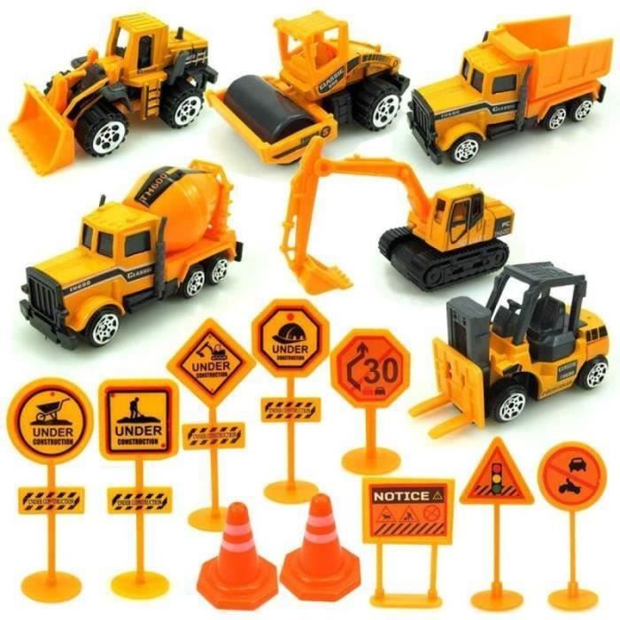 QQ25457-VEHICULE MINIATURE ASSEMBLE ENGIN TERRESTRE MINIATURE ASSEMBLE Voiture de Chantier Jouet,16 Pcs Vehicules de Chantier en P