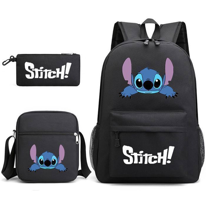 Sac à Dos Scolaire Stitch Tropical - Double Compartiment + Chariot 4 Roues - 44x30x20 Cm - Accessoire Pompon Inclus