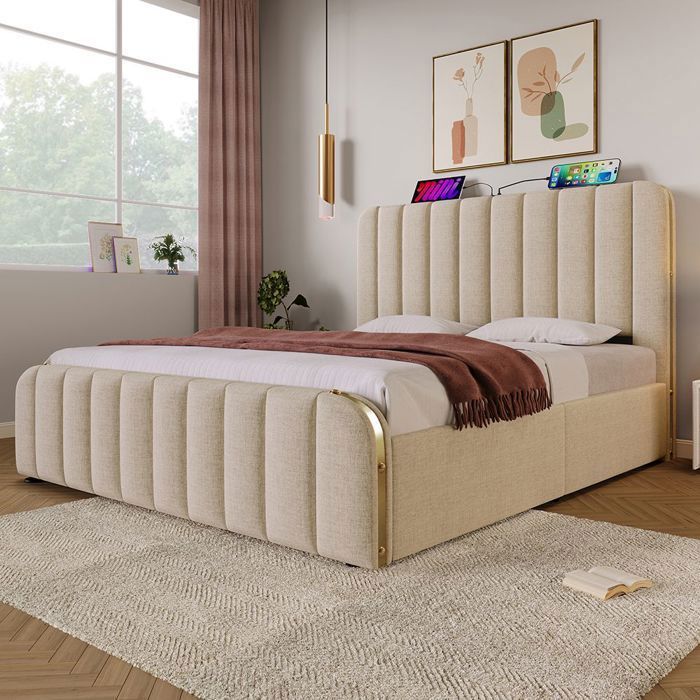 Lit Coffre Double 140x200cm KOMHTOM - Tête De Lit Rembourrée Réglable - Rangement Intégré - Sans Matelas