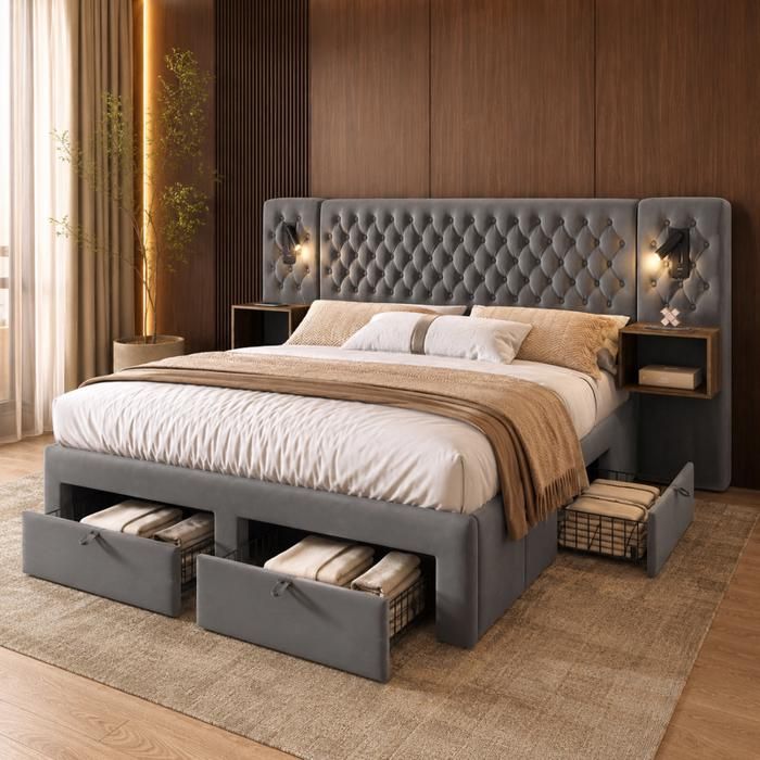 Lit Double 160x200 cm avec 2 Tables de Nuit et 4 Tiroirs Lit Adulte Tête de Lit avec Fonction de Chargement USB Gris Velours