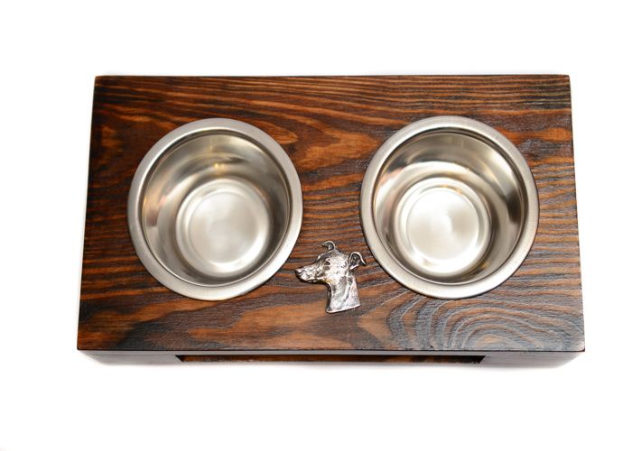 Whippet Lévrier anglais - support en bois avec gamelles pour chien gamelles en acier un cadeau pour adopter un chien par Art-Dog