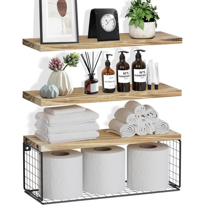 Etagere Murale Bois 3+1 Etagere Salle de Bain Etagere Murale Cuisine Étagère Murale Etagères Murales avec Panier de Rangement