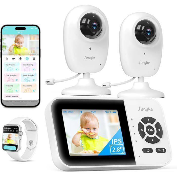 Simyke Caméra vidéo Baby Mointor 2 caméras et audio écran de 28 sans vision nocturne WiFidétection de température