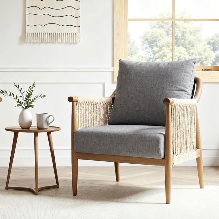 FlexiSpot Fauteuil Boho en Rotin Tressé à la Main avec Coussin Doudou Design Respirant pour Intérieur et Extérieur Gris