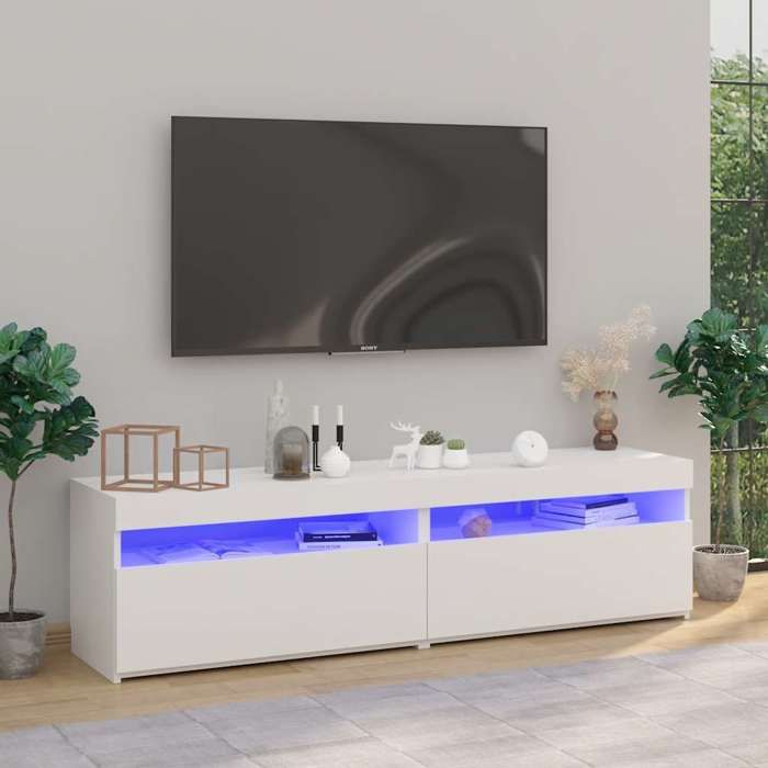 Lot de 2 - Meuble TV avec éclairage LED - Blanc - 75 x 35 x 50 cm - Bois dingénierie - style actuel