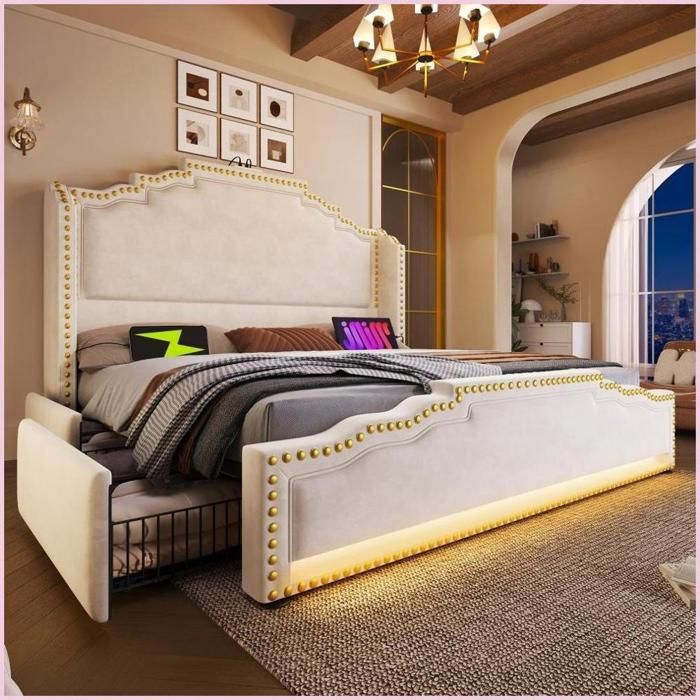 Lit Double 160x200 - Lit à Rangement avec LED USB-C et 4 Tiroirs - Velours Beige