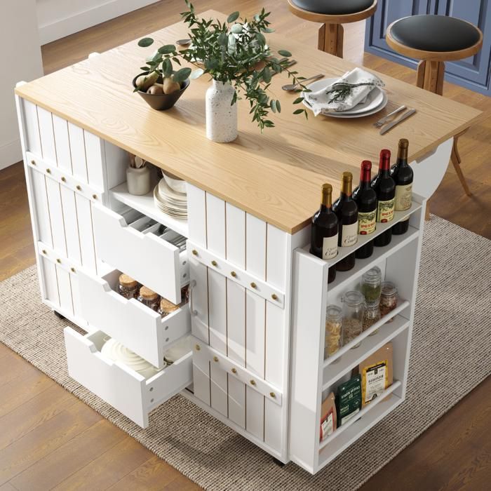 MODENUIT Desserte de cuisine 110x42x90 cm avec îlot plateau rabattable 3 tiroirs portes coulissantes roulettes MDF blanc