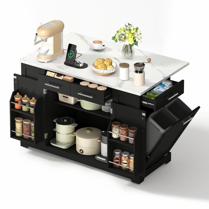 Desserte à roulettes cuisine rangement avec plaque en marbre à rabattement avec prise EU-L138 x P56(86) x H92 cm-Noir