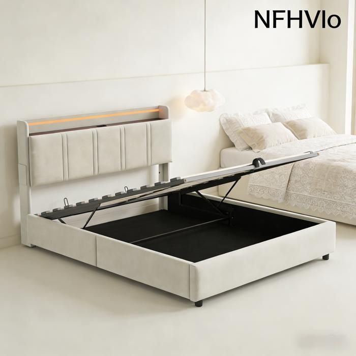 NFHVlo Lit rembourré 140 x 200 cm avec prises et éclairage LED avec rangement et système de rangement hydraulique