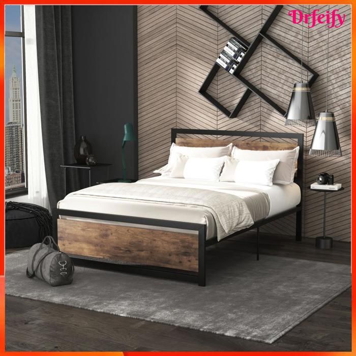 Cadre de lit double - AKOZON - 15399 - 140x190 cm - Acier noir & aspect bois foncé - Style industriel