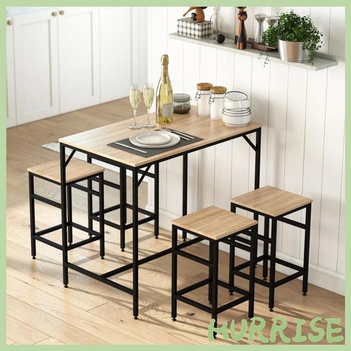 Cocosity Ensemble Table De Bar Industriel + 4 Tabourets Repose-Pieds En Bois Couleur Chêne Clair Cadre En Métal Noir