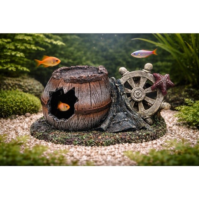 Décoration aquarium tonneau cassé gouvernail cachette pour poisson