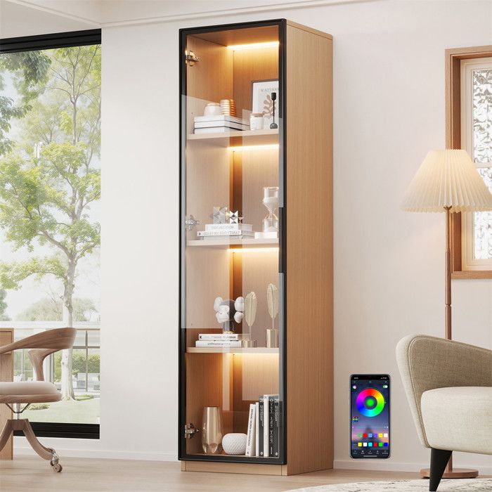 Vitrine Collection Scandinave en Bois et Verre 165 cm Colonne de Rangement avec LED 4 Étagères et Porte Vitrée pour Salon Chambre