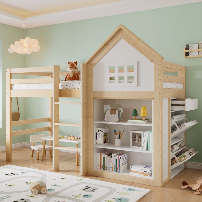 Lit mezzanine enfant - LEMONBEST - 90x200 cm - blanc/naturel - rangements & tiroirs - barrières sécurité