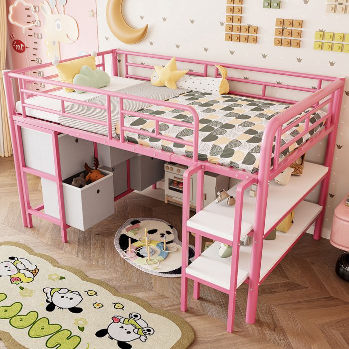 Lit mezzanine enfant rose 90×200 cm rangement intégré marches larges structure solide sans matelas