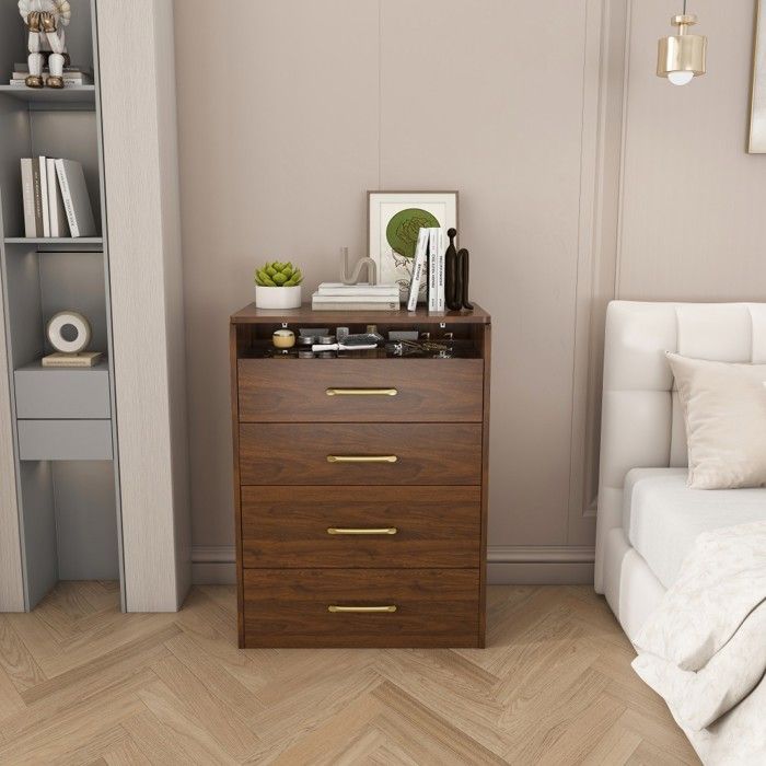 Coiffeuse 3 en 1 avec miroir ouvert plateau verre transparent 3 tiroirs compacte chambre noyer 60x40x118cm