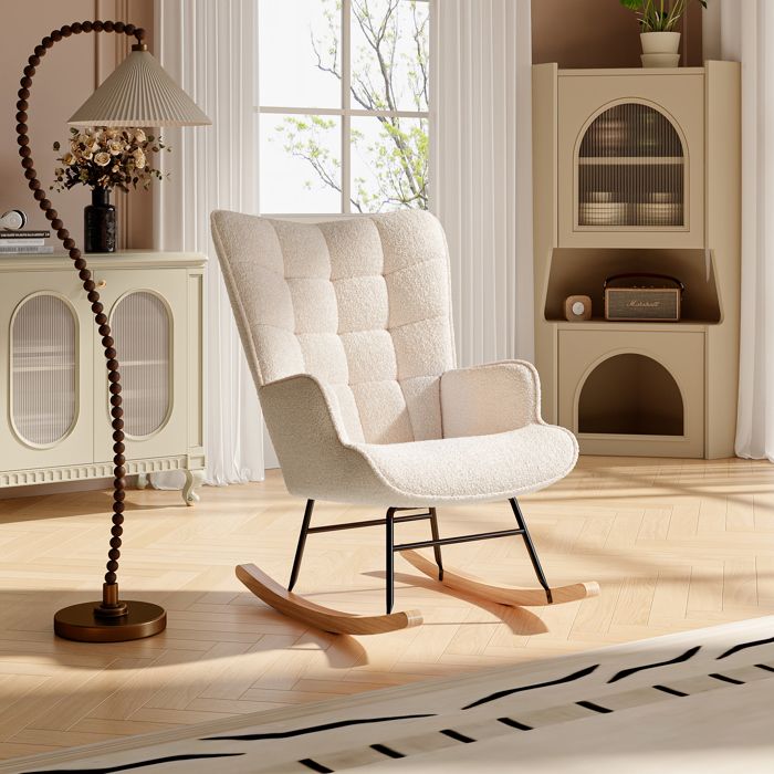 Fauteuil à bascule en peluche teddy - Dossier haut inclinable - Patins bois massif et structure métallique - pour salon chambre