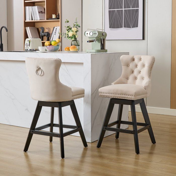 Tabourets de bar lot de 2 EVRYAE - siège pivotant 360 degres dossier courbe et coussin epais - Beige