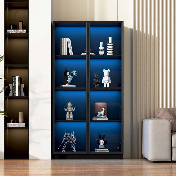 Vitrine en verre - 80 x 40 x 160 cm - Éclairage LED - Double porte - Étagères réglables