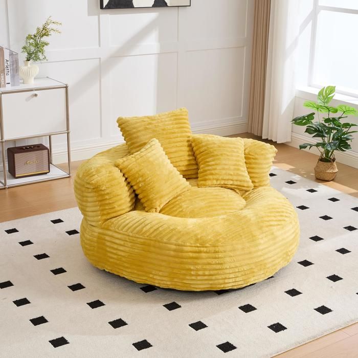 Gros Pouf Canapé Fauteuil de Sol Paresseux Pouf poire confortable en Chenille avec trois coussins jaune 108x108x52 cm
