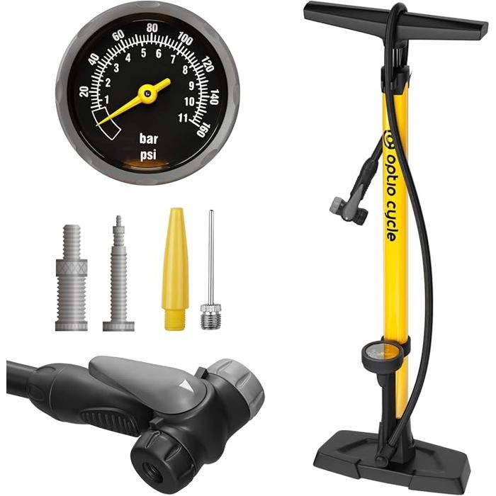 Pompe a Pied Velo Pompe a Velo avec Manometre Jusquu2019à 11 Bar / 160 PSI  Gonfleur à Pied pour Presta et Jaune