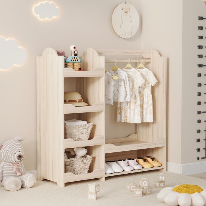 Armoire enfant - Dimensions 110x39x110 cm - Couleur Naturel - Matériau MDF et bois de pin - 4 étagères ouvertes