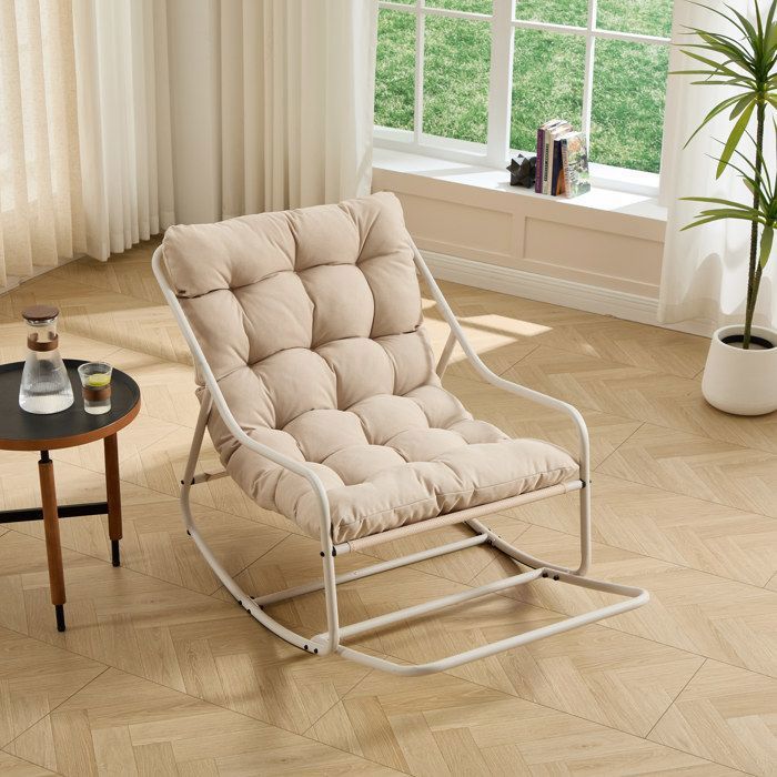 Fauteuil à bascule extérieur confortable avec coussin épais pour salon chambre ou lecture structure en acier beige