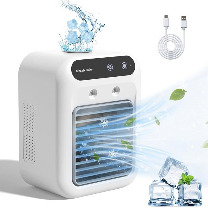 Climatiseur portable — Mini-refroidisseur mobile rechargeable 25 W avec double brumisation et deux vitesses
